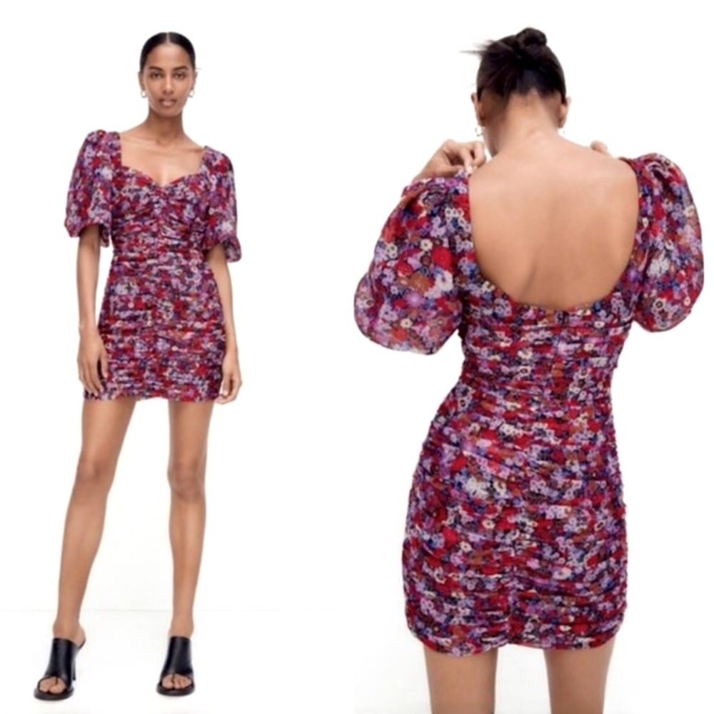 ZARA floral print puff sleeve ruched mini dress